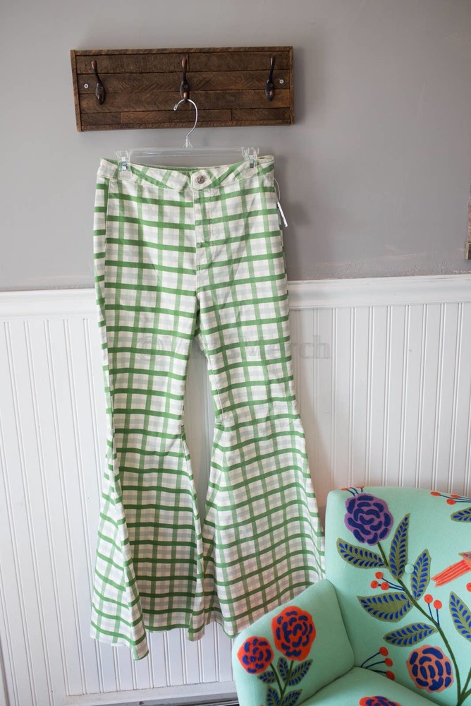 Free People Just Float On Printed Flare Jeans Green Plaid 30 - Picture 3 of 7